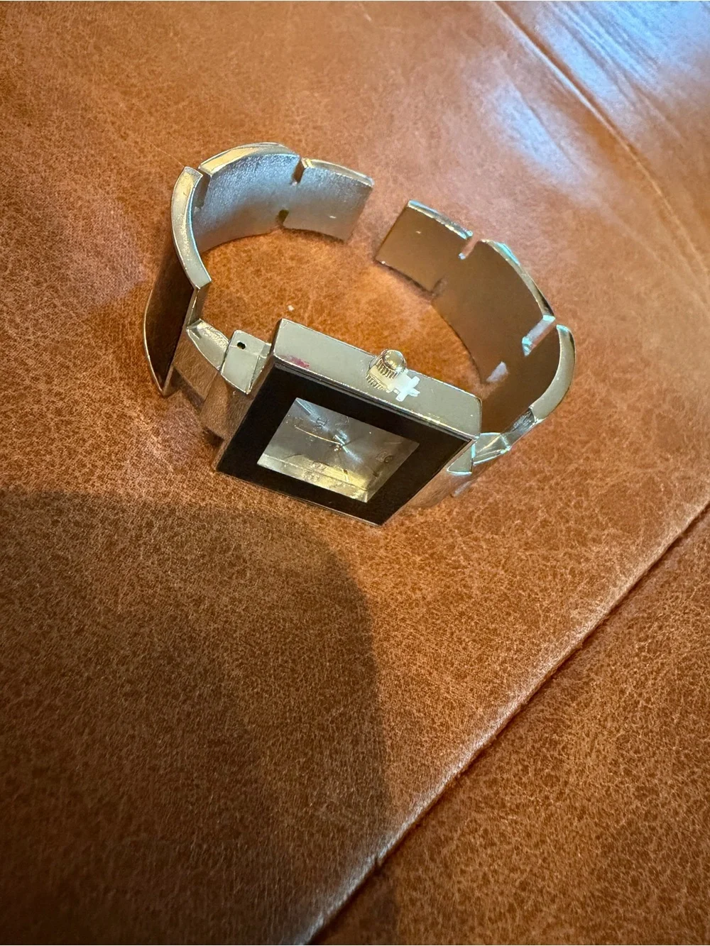 Vintage Narmi Square Statement Cuff Watch Silver & Black Hinged Bangle Bracelet